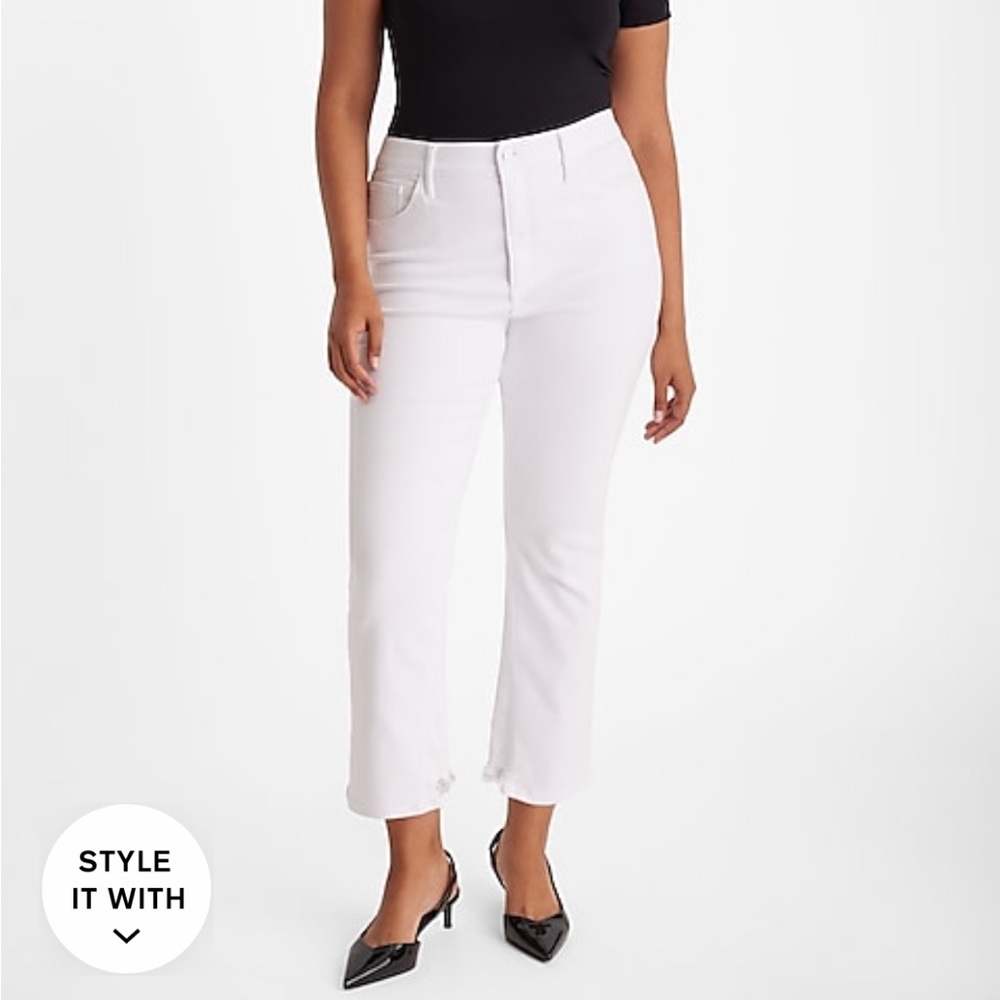 High Waisted White Raw Hem Cropped Flare Jeans